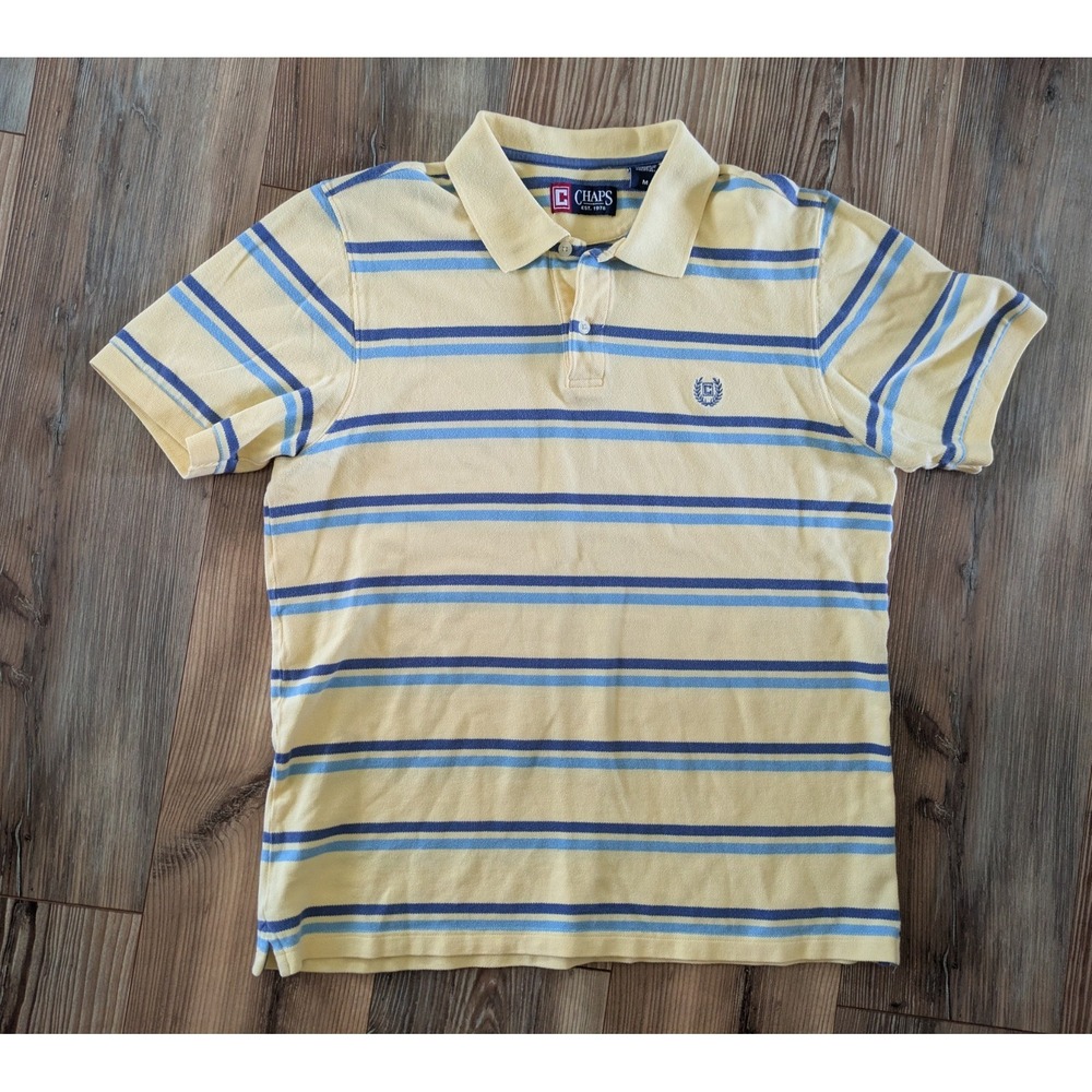 Chaps Yellow & Blue Striped Cotton Knit Collared Polo Short Sleeve Shirt